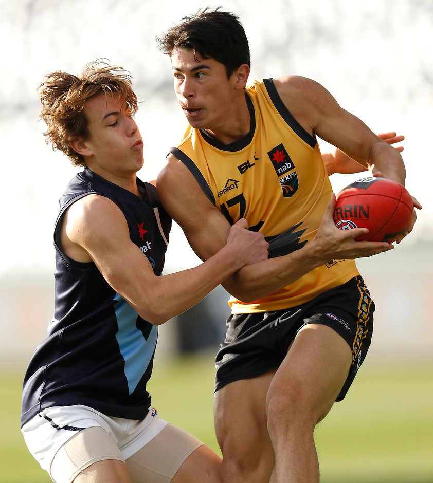 AFL 2016 U18 Championship - Vic M v WA GEELONG, AUSTRALIA - JUNE 29: Bailey Banfield of Western Australia is tackled by Callum Brown of Vic Metro during the Under 18 Championship match between Vic Metro and Western Australia at Simonds Stadium on June 29, 2016 in Geelong, Australia. (Photo by Michael Willson/AFL Media)